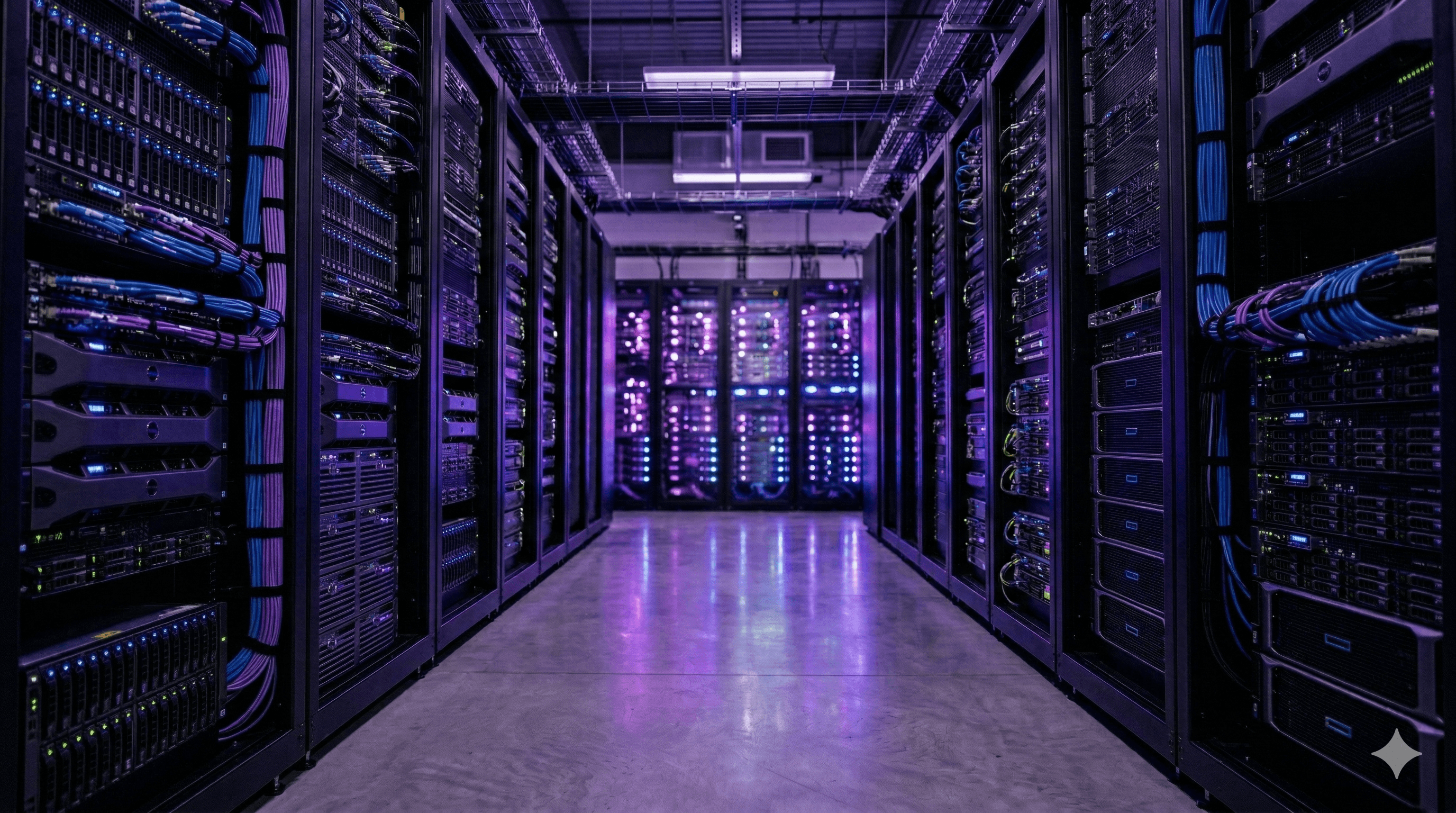 Modern data center with purple ambient lighting